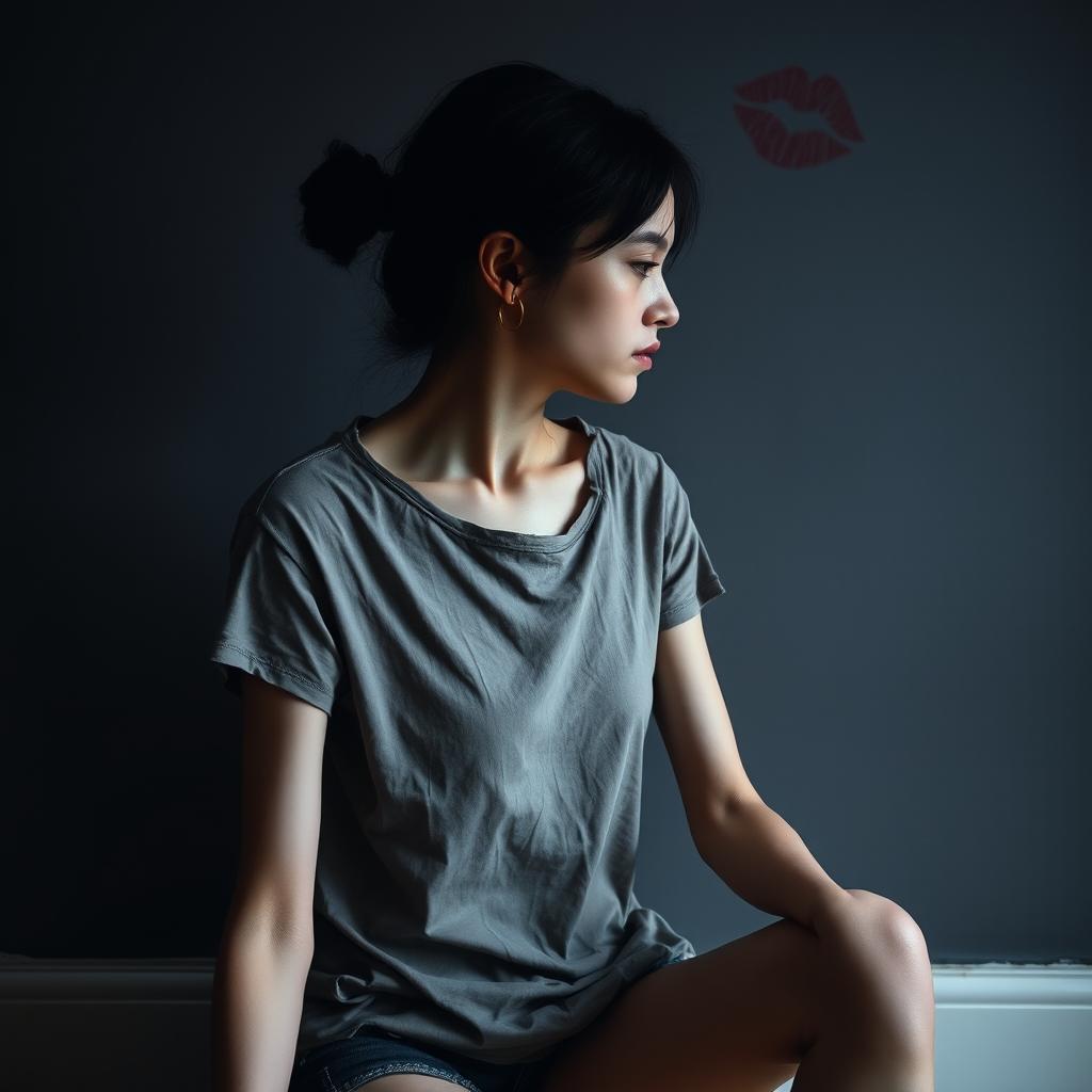 A side profile image of an emaciated young woman sitting in a state of severe exhaustion and distress