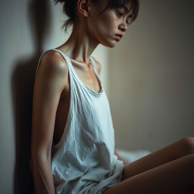 A close-up image depicting an emaciated young woman in a state of severe exhaustion and distress, sitting sideways to showcase her frail form