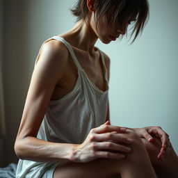 A close-up image depicting an emaciated young woman in a state of severe exhaustion and distress, sitting sideways to showcase her frail form