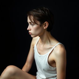 A very thin young woman with scratches on her skin, sitting sideways on a dark background