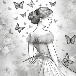 A resplendent ballroom background teeming with butterflies, featuring a girl in a dress artistically composed of various flowers