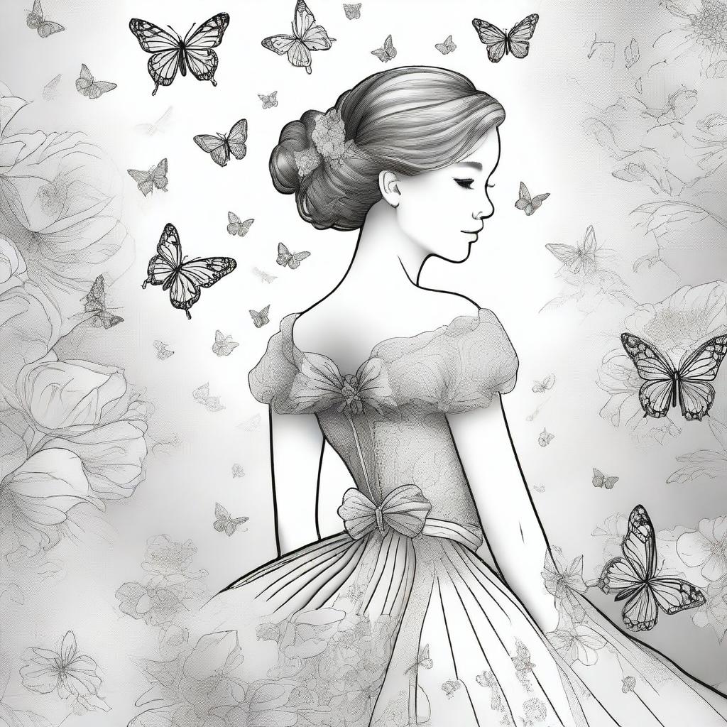A resplendent ballroom background teeming with butterflies, featuring a girl in a dress artistically composed of various flowers