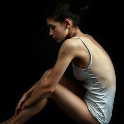 A very thin young woman with scratches on her skin, sitting sideways on a dark background