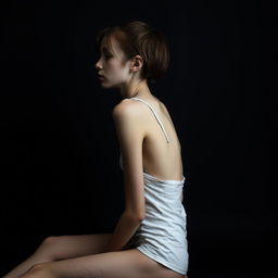 A very thin young woman with scratches on her skin, sitting sideways on a dark background