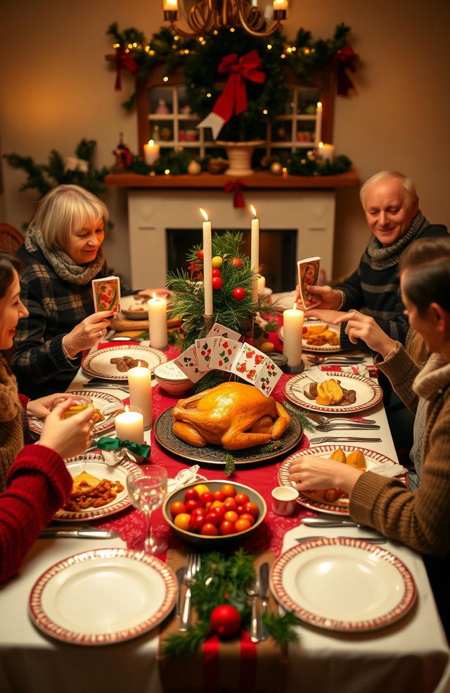 A cozy family Christmas lunch scene, with a beautifully set dining table adorned with festive decorations like a red and green tablecloth, elegant serving dishes, and scented candles