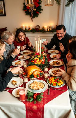 A cozy family Christmas lunch scene, with a beautifully set dining table adorned with festive decorations like a red and green tablecloth, elegant serving dishes, and scented candles