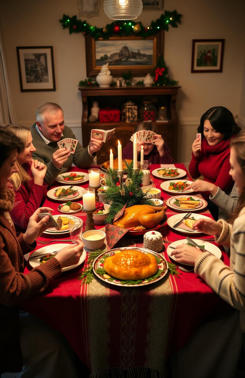 A cozy family Christmas lunch scene, with a beautifully set dining table adorned with festive decorations like a red and green tablecloth, elegant serving dishes, and scented candles