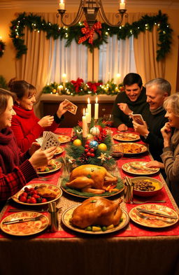 A cozy family Christmas lunch scene, with a beautifully set dining table adorned with festive decorations like a red and green tablecloth, elegant serving dishes, and scented candles