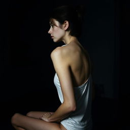 An extremely thin young woman with prominent scratches all over her skin, sitting sideways in a dimly lit room