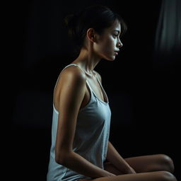 An extremely thin young woman with prominent scratches all over her skin, sitting sideways in a dimly lit room