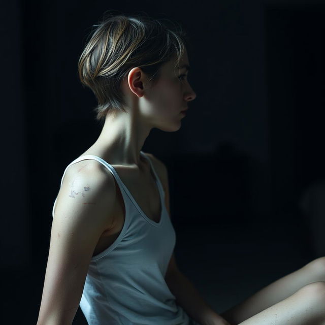 An extremely thin young woman with prominent scratches all over her skin, sitting sideways in a dimly lit room