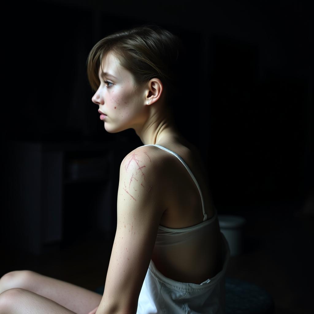 An extremely thin young woman with prominent scratches all over her skin, sitting sideways in a dimly lit room