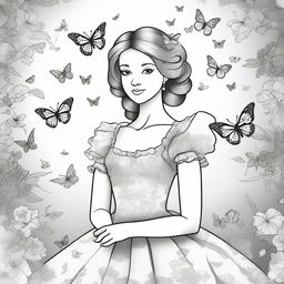 A resplendent ballroom background teeming with butterflies, featuring a girl in a dress artistically composed of various flowers