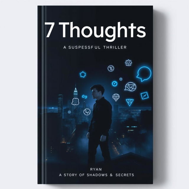 A book cover for '7 Thoughts', a suspenseful thriller, featuring a dark, mysterious city skyline at night with faint streetlight glows