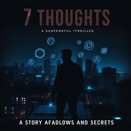 A book cover for '7 Thoughts', a suspenseful thriller, featuring a dark, mysterious city skyline at night with faint streetlight glows