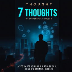 A book cover for '7 Thoughts', a suspenseful thriller, featuring a dark, mysterious city skyline at night with faint streetlight glows