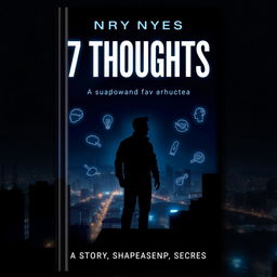 A book cover for '7 Thoughts', a suspenseful thriller, featuring a dark, mysterious city skyline at night with faint streetlight glows