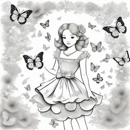 A resplendent ballroom background teeming with butterflies, featuring a girl in a dress artistically composed of various flowers