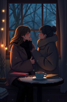 An emotional scene depicting a heartwarming moment between aespa's Karina, exuding an alluring and feminine vibe, and aespa's Winter, radiating a female masculine and cool vibe