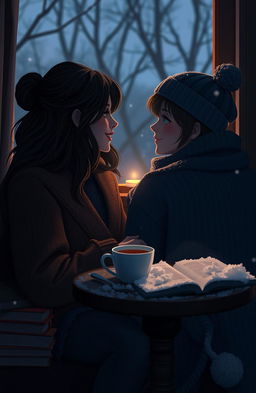 An emotional scene depicting a heartwarming moment between aespa's Karina, exuding an alluring and feminine vibe, and aespa's Winter, radiating a female masculine and cool vibe
