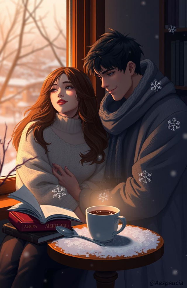 An emotional scene depicting a heartwarming moment between aespa's Karina, exuding an alluring and feminine vibe, and aespa's Winter, radiating a female masculine and cool vibe