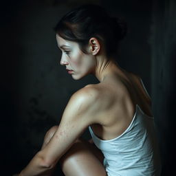 An extremely emaciated young woman with visible scratches on her skin, sitting sideways in a very dark, grimy room