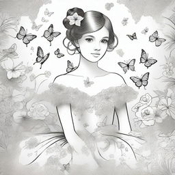 A resplendent ballroom background teeming with butterflies, featuring a girl in a dress artistically composed of various flowers