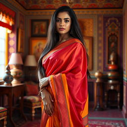 A tall, dusky-skinned woman with a confident and graceful posture, wearing a colorful, traditional Indian saree draped elegantly