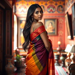 A tall, dusky-skinned woman with a confident and graceful posture, wearing a colorful, traditional Indian saree draped elegantly