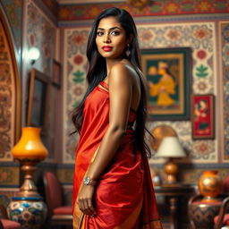 A tall, dusky-skinned woman with a confident and graceful posture, wearing a colorful, traditional Indian saree draped elegantly