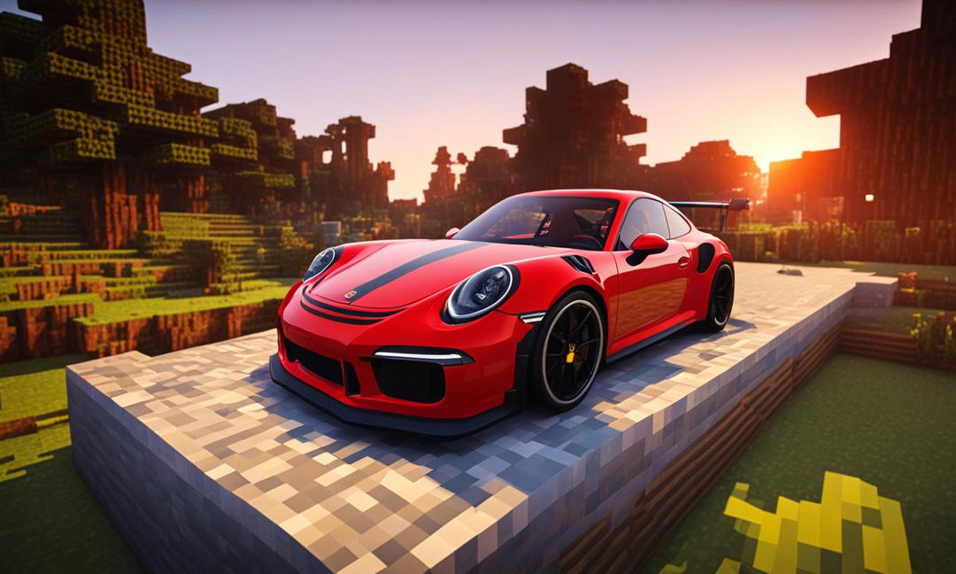 A vibrant red Porsche GT3 in the Minecraft world at sunset.