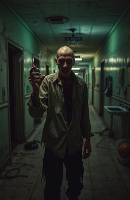 A dark, abandoned hospital hallway illuminated by flickering overhead lights, with peeling green paint on the walls and a dirty tiled floor