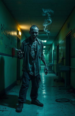A dark, abandoned hospital hallway illuminated by flickering overhead lights, with peeling green paint on the walls and a dirty tiled floor