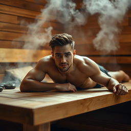 A young, attractive, muscular man laying on a wooden table in a warm, serene sauna environment