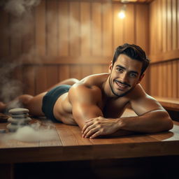 A young, attractive, muscular man laying on a wooden table in a warm, serene sauna environment