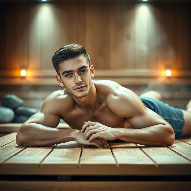 A young, attractive, muscular man laying on a wooden table in a warm, serene sauna environment