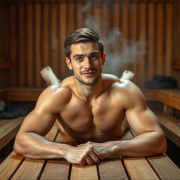 A young, attractive, muscular man laying on a wooden table in a warm, serene sauna environment