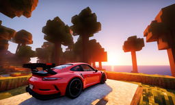 A vibrant red Porsche GT3 in the Minecraft world at sunset.