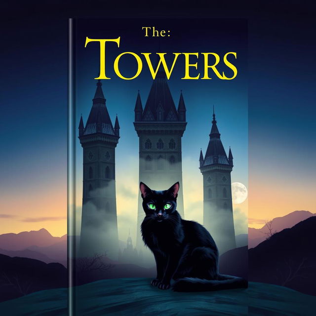 A captivating book cover featuring three mysterious towers, each distinctly designed with intricate architectural details and shrouded in a light mist