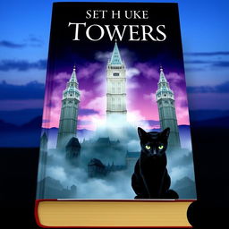 A captivating book cover featuring three mysterious towers, each distinctly designed with intricate architectural details and shrouded in a light mist