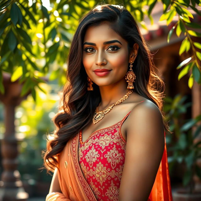 A dusky Indian woman with smooth, radiant skin, exuding confidence and elegance