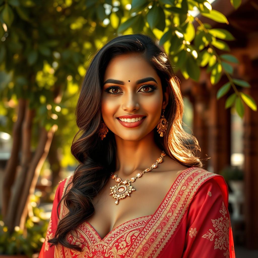 A dusky Indian woman with smooth, radiant skin, exuding confidence and elegance