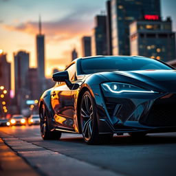 A stunning, high-detailed image of a sleek Toyota Blade sports sedan parked on a dynamic urban street at sunset