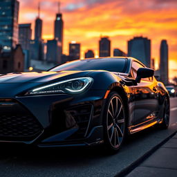 A stunning, high-detailed image of a sleek Toyota Blade sports sedan parked on a dynamic urban street at sunset