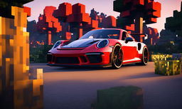 A vibrant red Porsche GT3 in the Minecraft world at sunset.