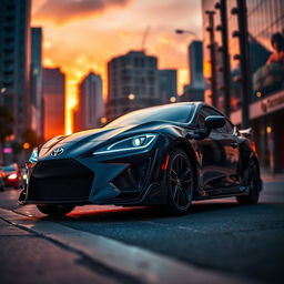 A stunning, high-detailed image of a sleek Toyota Blade sports sedan parked on a dynamic urban street at sunset