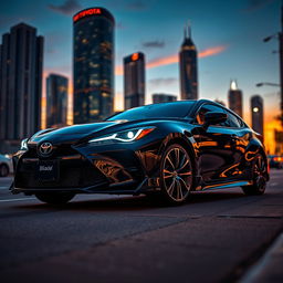 A stunning, high-detailed image of a sleek Toyota Blade sports sedan parked on a dynamic urban street at sunset