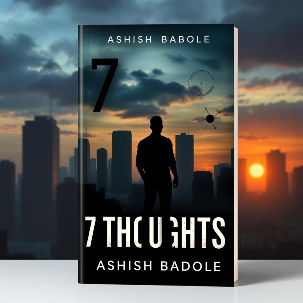 A book cover for '7 Thoughts' by Ashish Badole, designed to convey suspense and psychological depth within a modern urban context