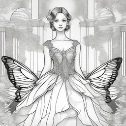 An opulent ballroom backdrop with a girl wearing a dress designed to resemble a butterfly