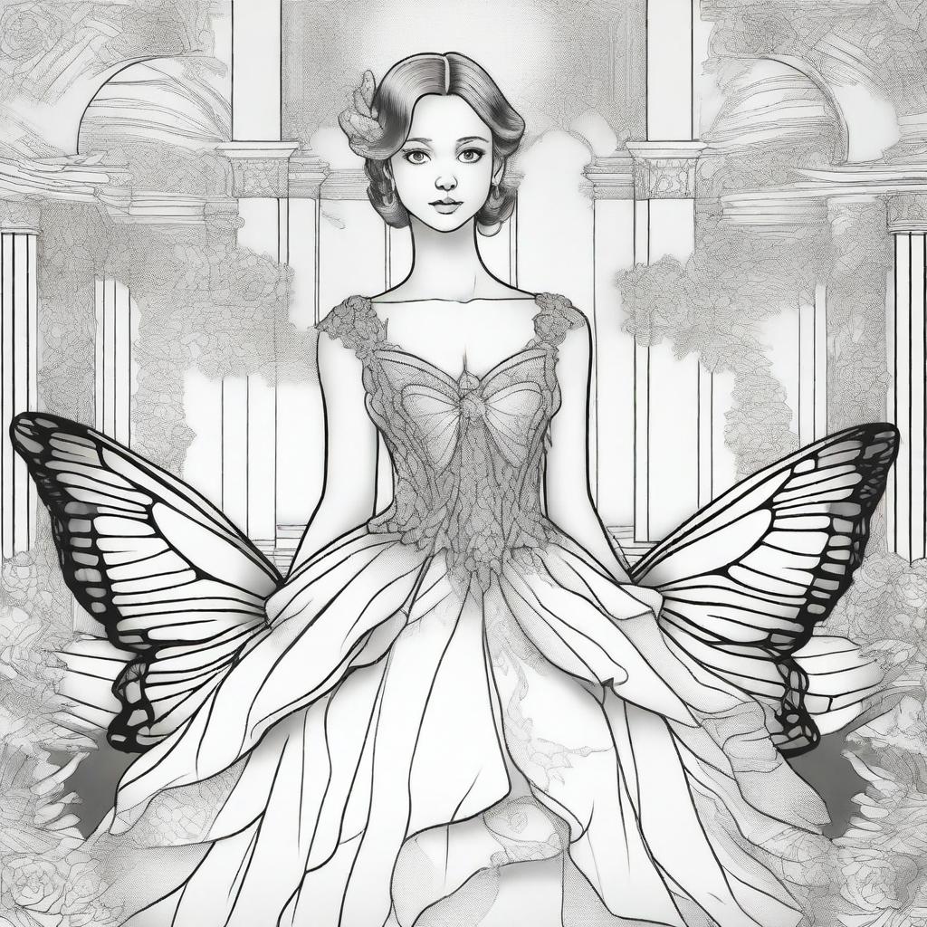 An opulent ballroom backdrop with a girl wearing a dress designed to resemble a butterfly